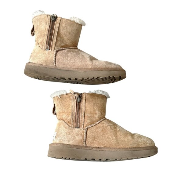UGG Womens Size 5 Classic Mini Double Zip Chestnut Suede Shearling Boots Shoes - Picture 2 of 11